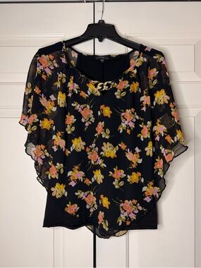 Cocomo Black Floral Blouse Gold Chain Detail Size M